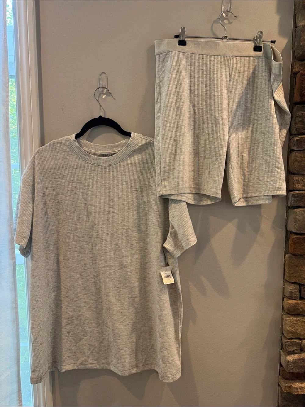 Loft woman’s xl biker set Light Gray Ribbed Lounge Set - Tee & Shorts